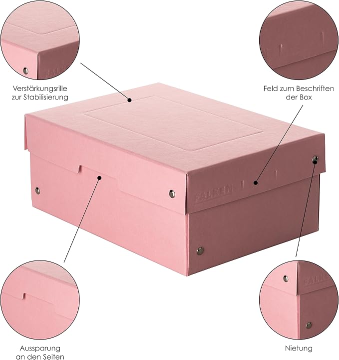 FALKEN Original PureBox Pastel, Made in Germany, 100 mm high, DIN A5, pink, storage box with lid made of sturdy cardboard, vegan gift box, transport box, all-purpose box