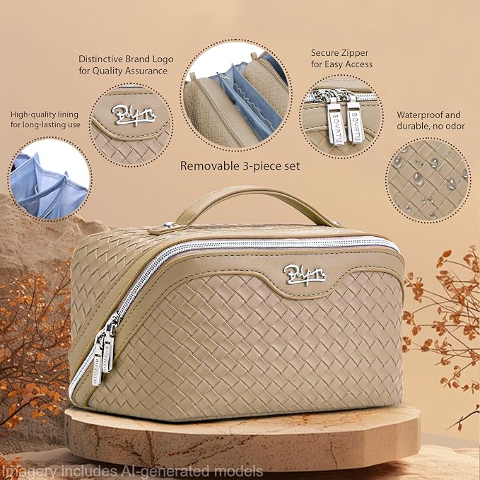 BOYATU Travel Makeup Bag Cosmetic Bags for Women: Large Capacity 3 Pcs Set Make up Bag with Compartments - Waterproof Vegan Leather Toiletry Organizer Bags with Handle (L12 Apricot)