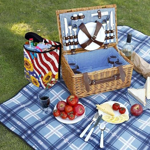 4th of July Car Trash Can with Lid Hanging Car Trash Bag Leak-Proof Portable Cars Garbage Bin Sedan Accessories Interior Cars Organizer, USA Flag Sunflower Print