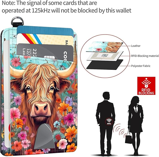 Slim RFID Blocking Card Holder Wallet with Wrist Strap - Minimalist Front Pocket Wallet, Cow and Flower Design, PU Leathe, for Men & Women, Ideal for Travel & Gifts