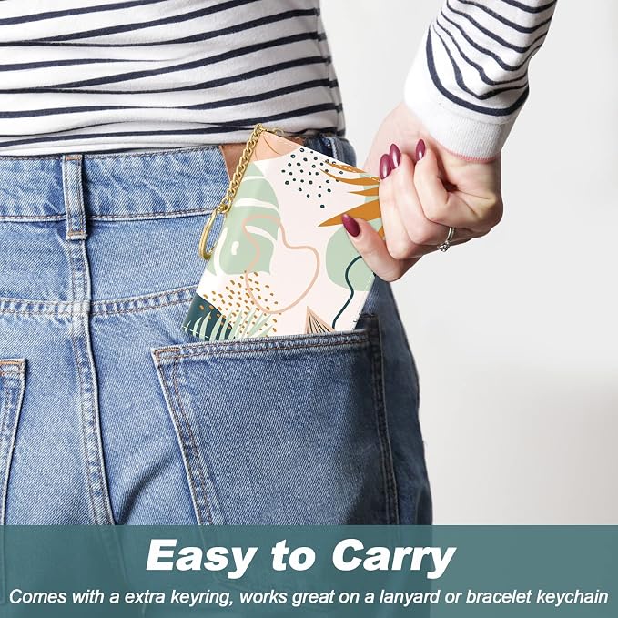 Nipichsha Credit Card Holder, Small RFID Card Wallet for Women, Slim Leather Card Holder Wallet, Credit Card Wallet Organizer, Pocket Business Card Case with Zipper & Keychain, Boho Leaves