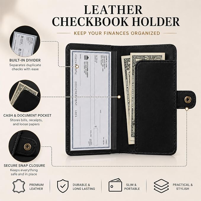 Genuine Black Leather Checkbook Cover - Handmade Check Holder with Divider & ID Window, Slim Organizer Wallet for Business, Travel & Everyday Use 3.5 x 7