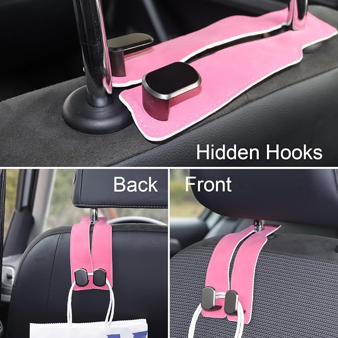 Car Seat Hooks for Headrest, Car Purse Hook & Back Storage Hook, Zinc Alloy & Suede Material Heavy Duty Car Hooks for Purses and Bags,Universal Fit for Most Vehicles (Pink-2 Pack)