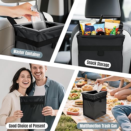 Car Trash Bag, Leakproof Waterproof Auto Garbage Container, Collapsible Portable Hanging Organizer for Car, SUV and Truck Seat Backs, 3 Gallons 9.05x6.89x10.63 Inches Black