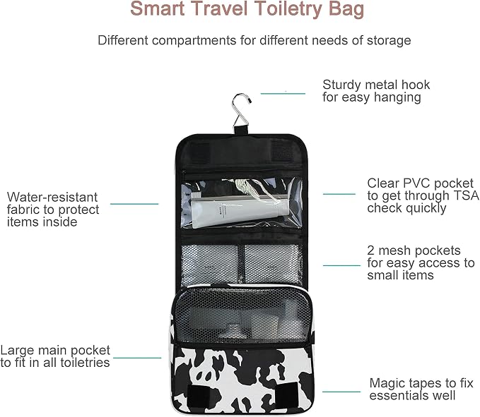 senya Hanging Travel Toiletry Bag Kit Makeup Case Cosmetics Organizer for Men Women (cow pattern)