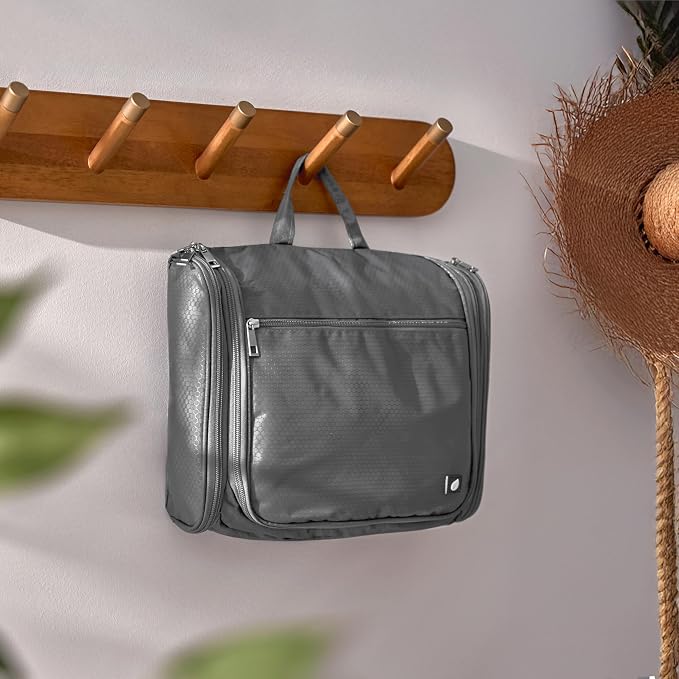 PAVILIA Large Hanging Toiletry Bag for Women Men, Travel Cosmetic Organizer with 10 Compartments, Swivel Hook and 3 Leakproof Pockets, Water Resistant Makeup Case, Packs Flat, Black