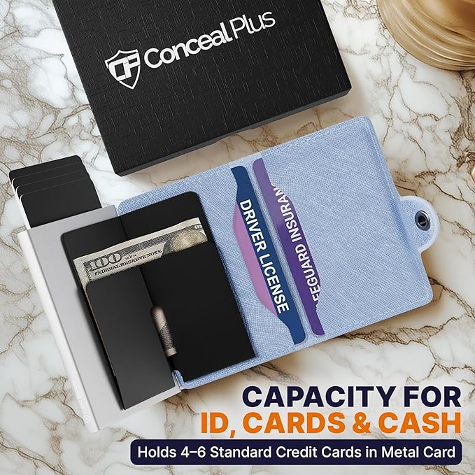 Conceal Plus Small RFID Pop Up Wallet for Women – Slim Minimalist Credit Card Holder (4-6 Card Capacity) – Compact Aluminum Metal Case with RFID Blocking Security Travel Wallet