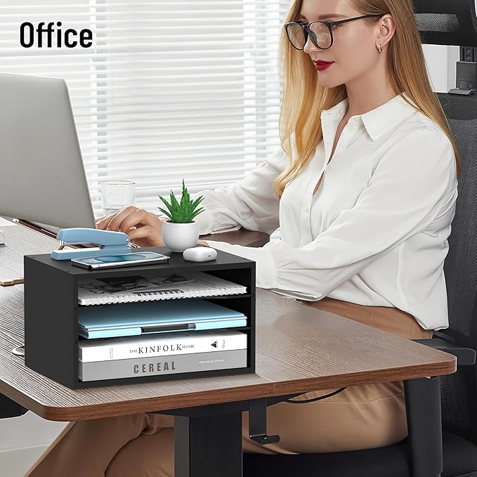 Wood Desk Organizer, 3 Tier Paper Tray Organizer for Desk with Adjustable Storage Shelves, Printer Stand Desktop File Organization Paper Sorter Mail Holder for Office Home Classroom, Black