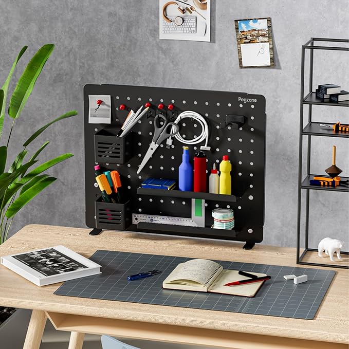 Clamp-on Desk Pegboard, Desk Organizer for Office Gaming Home, Magnetic Metal Peg Board with 15 Accessories, Privacy Panel for Office, 20.4" x 16.5", Large, Black