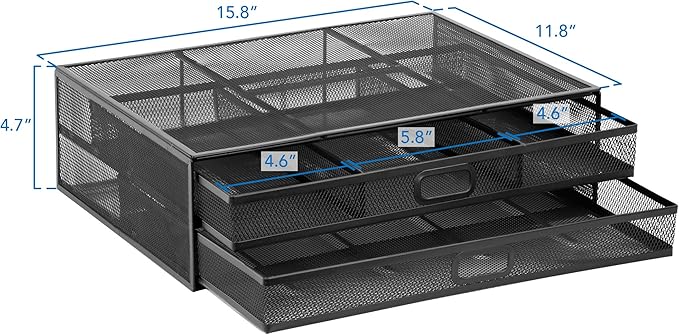 MOUNT-IT! Computer Monitor Stand With Drawers, Metal Mesh Riser and Organizer for Laptops and Computer Screens, Laptop, and Printer Accessories and Office Supplies (Black)