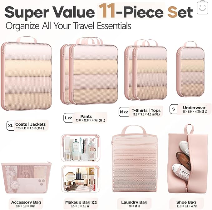 Veken 11 Set Compression Packing Cubes for Travel Essentials,Compressible Expandable Large Luggage Suitcase Organizer Bags for Clothing,Durable Space Saver Storage Bags with Toiletry Bags(Beige)