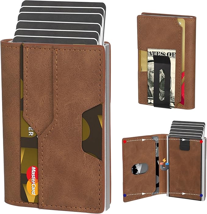 Mens slim Wallet，with RFID Shielding, Holds 9 Cards Easily, card wallet for Men, Minimalist Wallet For Men, Made of aluminum and Pu Synthetic Leather, Includes Cash clip (Brown)