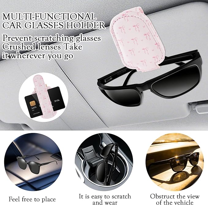 HemerVows Sunglass Holder for Car, Sweet Pink Bow Hearts Print Magnetic Leather Visor Sunglasses Holder Clip, Universal Sun Visor Accessory Eyeglass Clip for SUV Pickup Truck