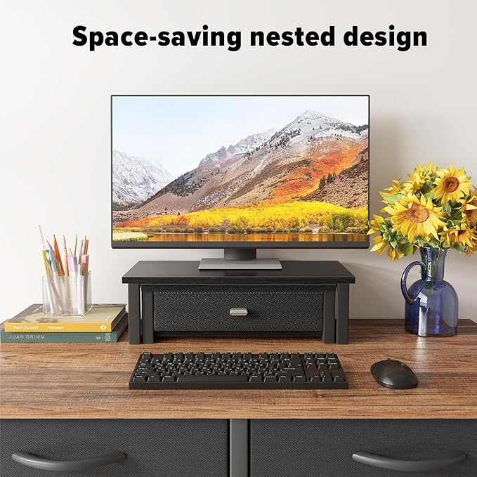 WOHOMO Dual Monitor Stand Riser with Drawers, Wood Desk Organizers for 2 Monitors, Desktop Storage Stand for Computer, Laptop, Black