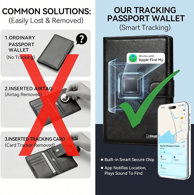 Passport Holder for Travel, RFID Blocking Card Wallet, Apple MFi Certified Smart Passport Cover Works with Find My, Rechargeable Travel Wallet with Lanyard, PU Leather, Black