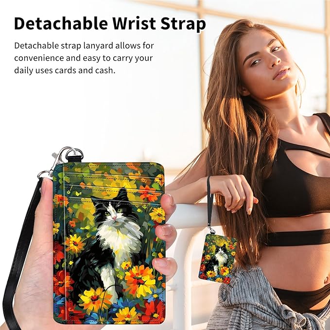 Slim Minimalist Front Pocket Wallet,Credit Card Holder Wallet for Women Men,RFID Blocking Credit Card Holder Case Leather Cute Small Thin Wallet ID Window&Wrist Strap,Watercolor Cat Flower