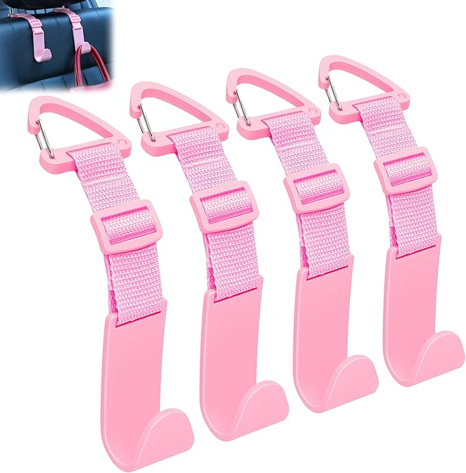 Amooca Headrest Hooks for Car Adjustable 4 Pack Vehicle Seat Back Organizer Storage Hanger Holder for Purse Bags Universal Fit with Clip Pink