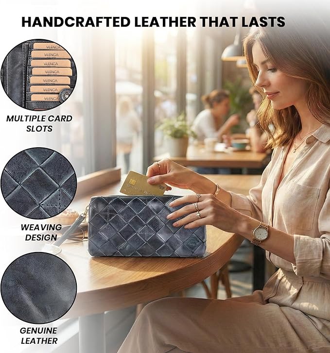 Genuine Leather Wallets for Women, Small Wallet for Ladies Zipper Coin Purse Credit Card Holder with Strap (VL-167-GREY)
