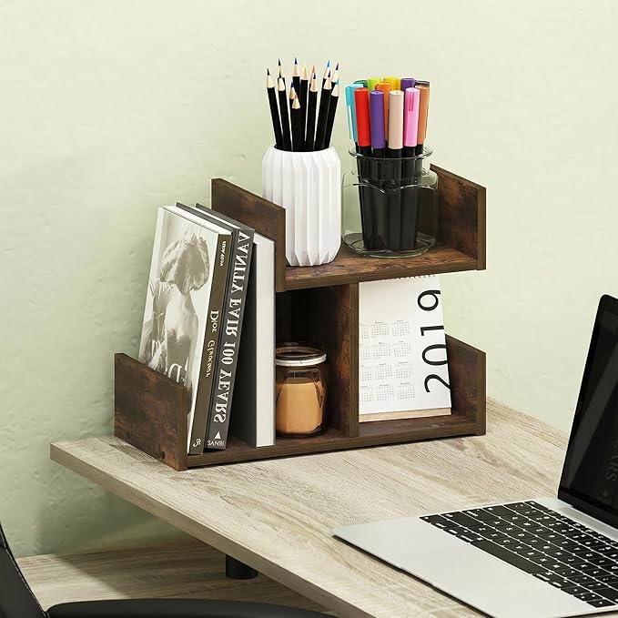 Furinno HERMITE Desk Organizers and Accessories, 2-Tier U-Shape Office Organization Shelf, Desk Top Book Shelf, for Office Supplies, Office Desktop Accessories, Amber Pine