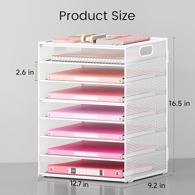 Lavatino 8-Tier Letter Tray Desk Paper Organizer, Mesh File Tray Organizer for Desk, Office Supplies & Home Organization, Fits A4 Paper, Mail, Magazines and Office Accessories (White with Handle)