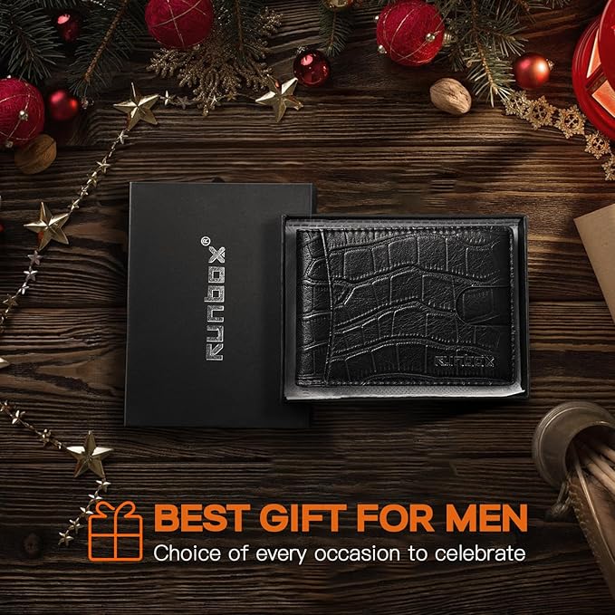 RUNBOX Slim Wallet for Men Genuine Leather RFID Blocking Bifold Minimalist Front Pocket Mens Wallet with Money Clip Thin Gift Box