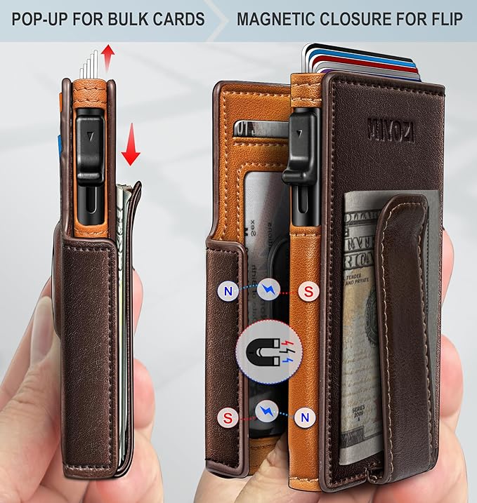 miyozi Airtag Wallet for Men,with Money Clip 10 Cards Metal Case Smart Slim Pop Up Credit Card Holder Flip with Magnetic Closure RFID Blocking wallet with Gift Box