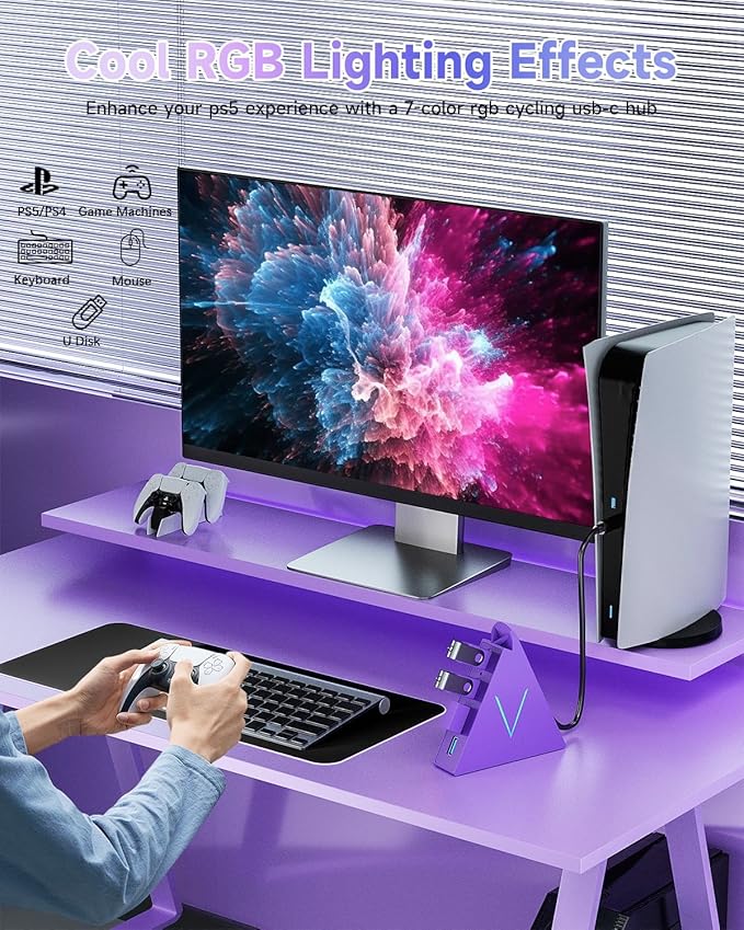 USB C Hub,USB Hub Tower with 2FT Extended Cable,Type C to USB 3.0 4-Port Splitter Adapter for MacBook, iMac, Laptop, Surface, XPS, Flash Drive, Keyboard, Mouse, HDD (2ft, Dark Purple
