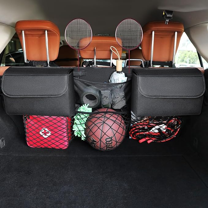 Deluxe Trunk Organizer for Medium or Large Size SUVs & RVs, Backseat Hanging Trunk Organizer, Waterproof Collapsible Car Storage Bag with 6 Pockets, Reinforced No-Sag Design (Black)