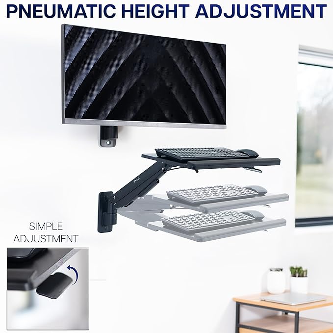 VIVO Sit-Stand 24 Inch Pneumatic Spring Keyboard and Mouse Tray Wall Mount, Counterbalance Height Adjustable Typing Platform, Ergonomic Tilt, Black, MOUNT-KB26C