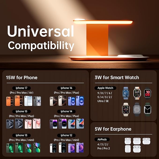 GUSGU 3 in 1 Charging Station for MagSafe Wireless Charger with Three-Level Night Light, 15W Max Fast Charging for iPhone Series/Samsung Galaxy Series, Apple/Samsung Watch Series, AirPods-Orange