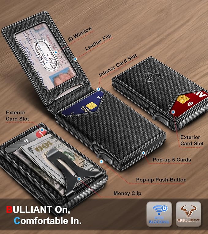 BULLIANT Men Wallet,Magnetic Metal Wallet Money Clip 9Cards Pop-up Access RFID Blocking