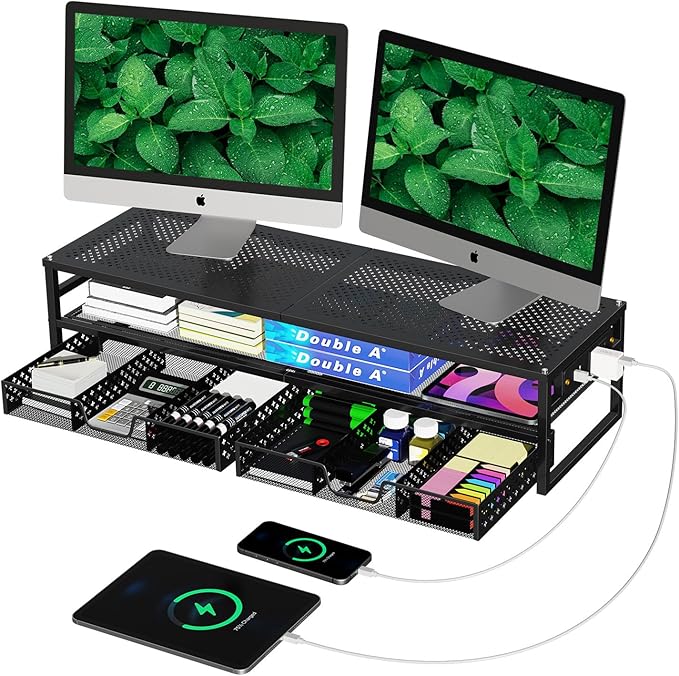 Simple Trending 2 Tier Metal Monitor Stand Riser with USB 2.0 and Charging Prot , Computer Office Desktop Organizer for 2 Monitors with 2 Drawer Storage and Reusable Cable Ties for Printer, TV, Black