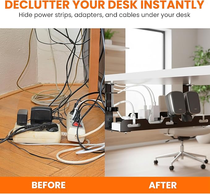 17'' Super Sturdy Cable Tray Under Desk Cord Organizer Standing Desk Cable Management System Large Power Strip Holder Cord Basket With Clamp for Wire Management Rack Office, Home, No Drill & Damage