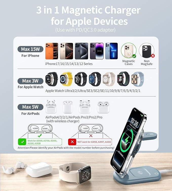 3 in 1 Magnetic Wireless Charging Station for Apple Devices, Fast Foldable Travel Mag-Safe Charger Stand with Night Light for iPhone 17 16 15 14 13 12 Series, Apple Watch/AirPods Pro, LB