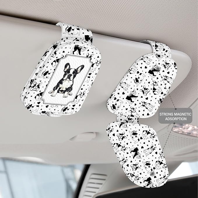 2 Pack Magnetic Leather Sunglass Holder, Universal Magnetic Car Eyeglass Hanger Clip for Different Size Eyeglasses, Car Visor Accessories (Love Dog)
