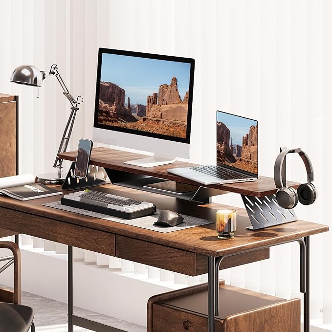 Fenge Dual Monitor Stand, 42.5 Inch Monitor Riser for Desk, Wood Desk Shelf for 2 Monitors, 2 Tier Monitor Shelf with Headphone Stand & Phone Holder
