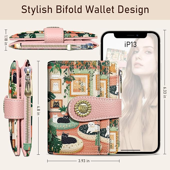 Kelvoris Cute Lovely Black Cats Small Rfid Women Wallet Bifold Zipper Coin Pocket PU Leather Compact Cash Travel Credit Card Holder for Female Ladies Teen Girls 1 ID Window 10 Card Slots
