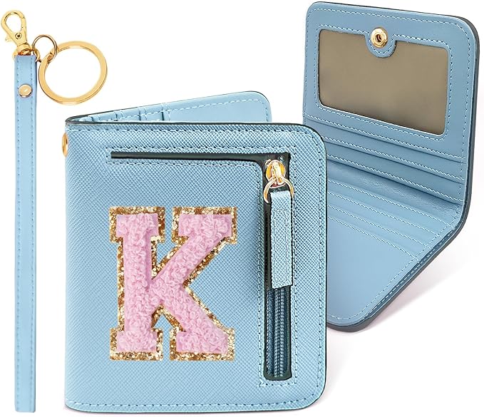 COSHAYSOO Best Valentines Gifts for Daughter from Mom Dad Birthday Gifts for Niece from Aunt Stocking Stuffer Gifts for Granddaughter from Grandma Blue Small Mini Wallet Preppy Chenille Letter K