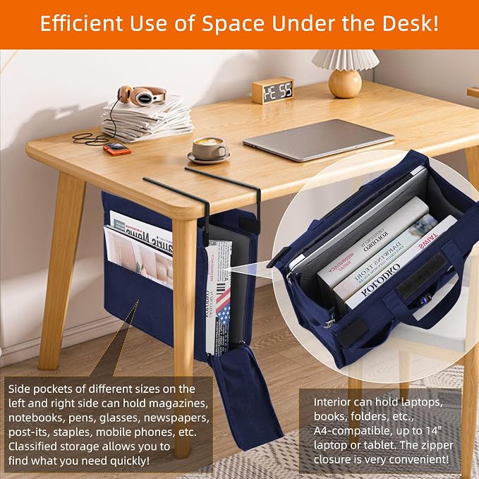 MASTLU Under Desk Hanging Storage Bag, Desk Organizer Storage, Office Side Storage Bag, Compatible with A4 Files, Detachable Handle Design, No Assembly Required, for Office Home School (Navy Blue)