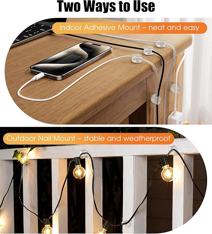 8 Pack Cord Organizer, Ω-Shaped Rotatable Cable Clips, Strong Adhesive Cable Management with Nails, Cord Holder for Nightstand, Desk, and Wall (Clear)