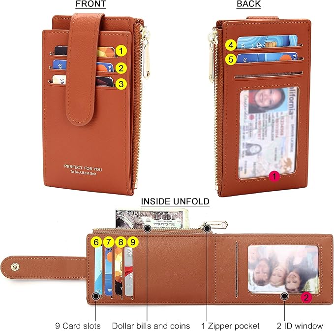 Badiya Slim Women Wallet RFID Blocking Bifold Compact 9 Card Slots Holder Wallets Soft Leather with Zipper Coin Pocket 2 ID Window