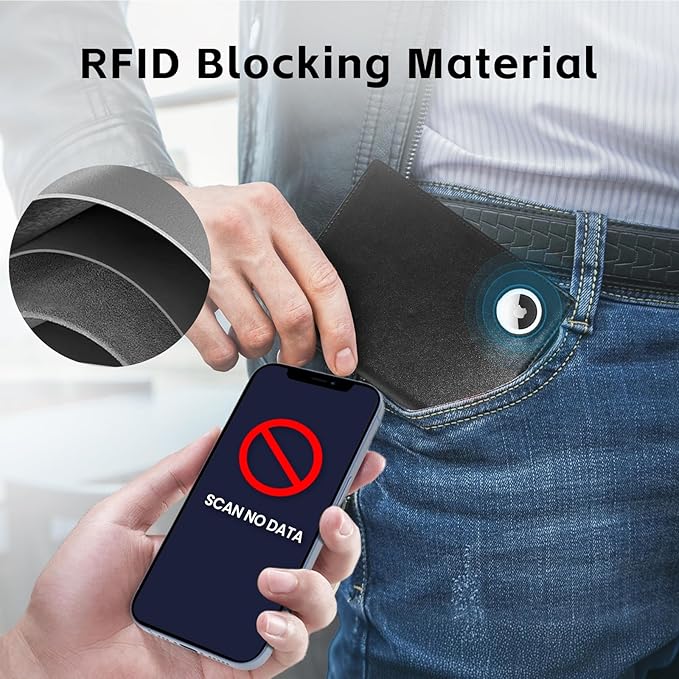 oriver Airtag Passport Holder with RFID Blocking, Slim Leather Passport Cover with AirTag Slot, Bifold Travel Wallet with 4 Cards Slots & Tickets & Cash, Black