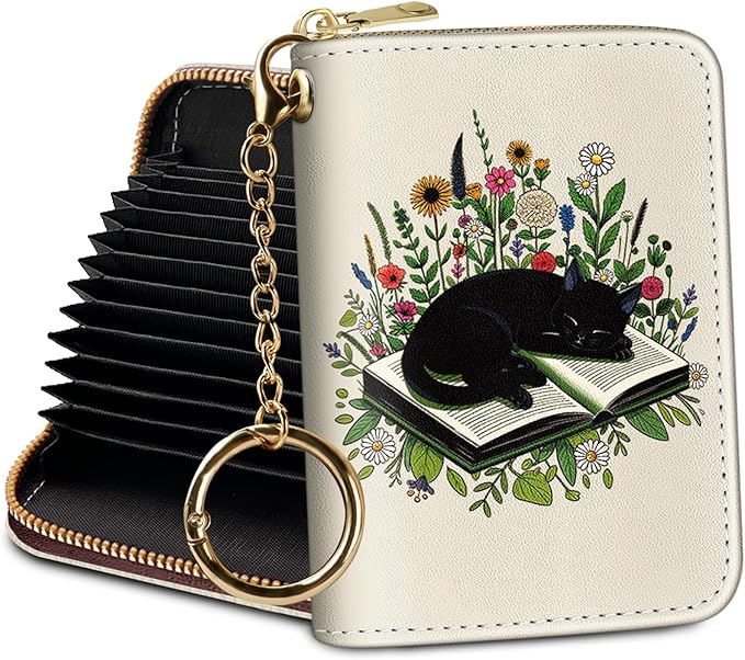 Credit Card Holder RFID Wallet, Small Card Holder Wallet for Women with Keychain Zipper, Funny Leather Print Credit Card Wallets Accordion Gift