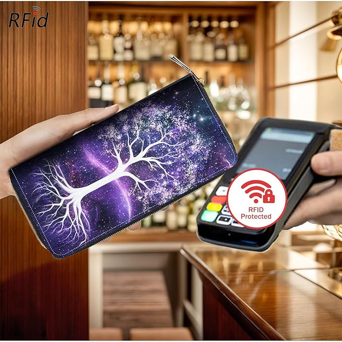Bxgolkgd Womens Wallet, RFID Blocking Leather Wallet,Large Capacity Wallet Credit Card Holder PU Leather Ladies Clutch with Zipper Coin Pocket - Tree of Life