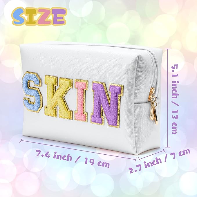 Y1tvei Preppy Patch SKIN Colorful Letter White Cosmetic Toiletry Bag PU Leather Portable Makeup Bag Daily Use Storage Pouch Toiletry Purse Waterproof Organizer for Travel Varsity Women Girls (White)