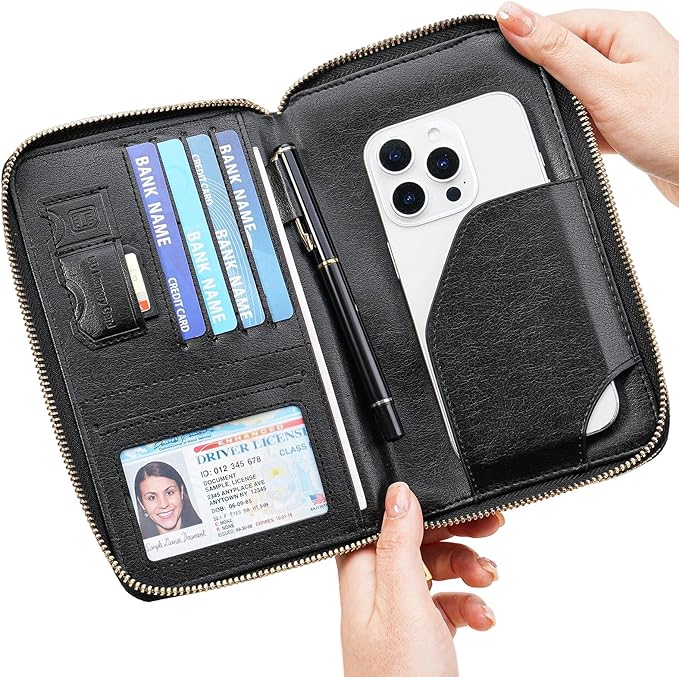 GOIACII Passport Wallet Travel Crossbody Bags for Women Wristlet Phone Purse Double Zip Vegan Leather Black