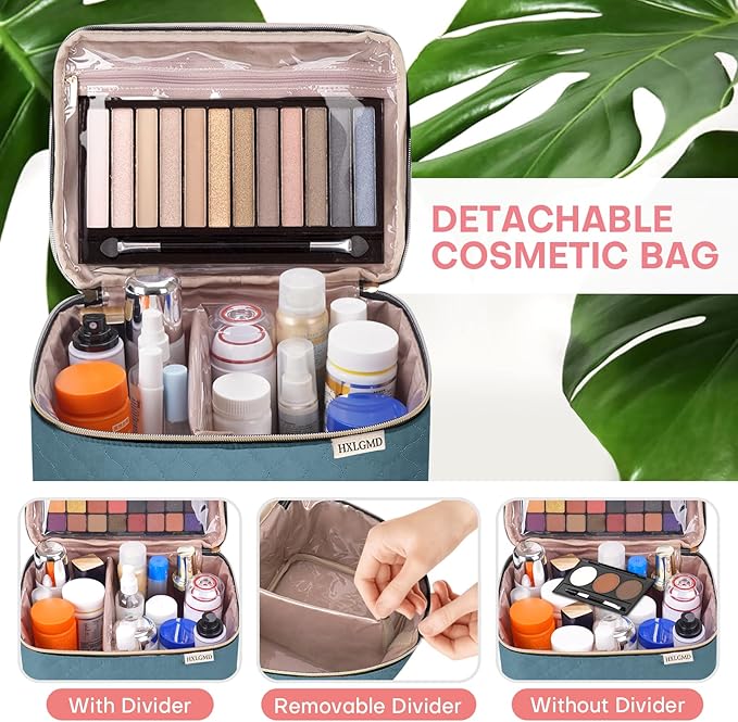 HXLGMD Large Makeup Bag with Mirror Double Layer Travel Make Up Organizer Case, Large Capacity Coemetic with Brush Slot Divider, Travel Toiletry Bag for Women (Lake Blue)