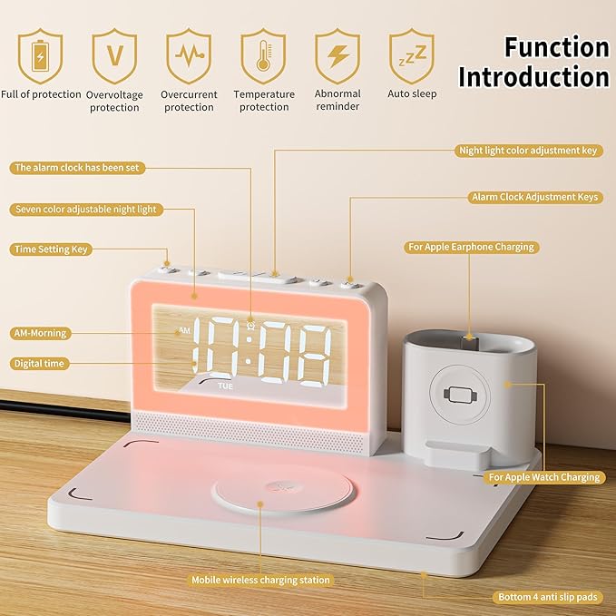 Wireless Fast Charging Station - 7 in 1 Alarm Clock with Wireless Charger Stand - Charging Dock for Apple,for Samsung Galaxy Multiple Devices - for iPhone Watch,for Airpods (White)