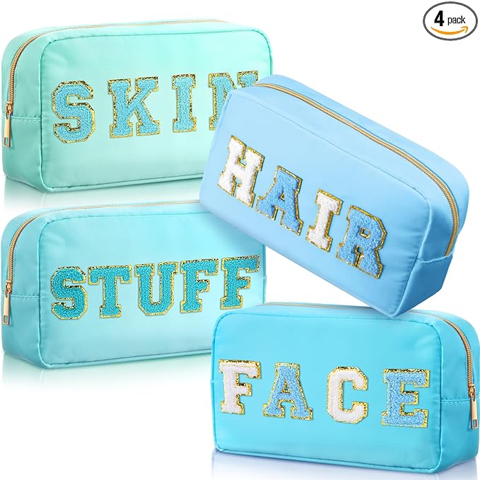 Remerry 4 PCS Nylon Cosmetic Bags Waterproof Spacious Travel Makeup Organizer for Women Chenille Letter Preppy Zipper Pouch Face Stuff Skin Hair Organizer Gift(Blue Green Colors)