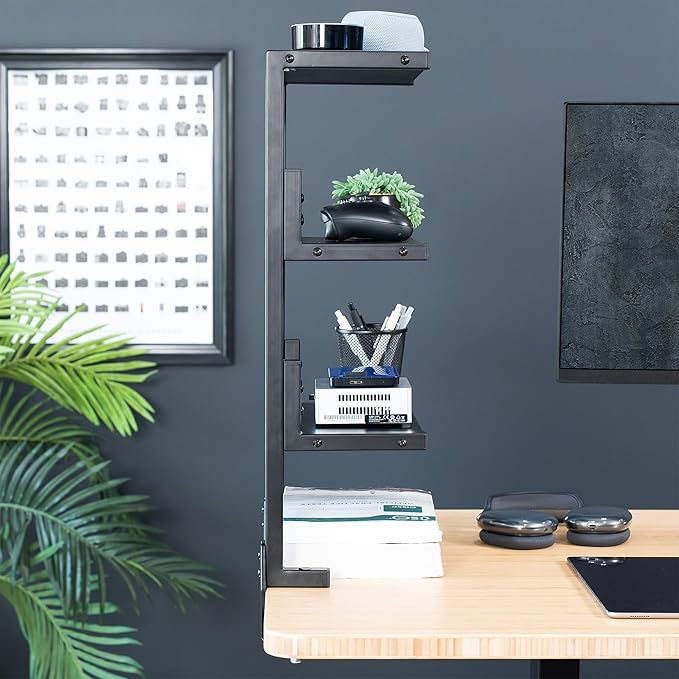 VIVO Clamp-on 13 inch Above or Below Desk 3-Tier Shelving Unit for Table Accessories, Gaming Devices, and More, Storage Tray, Desktop Organizer, Black, STAND-SHELF3C